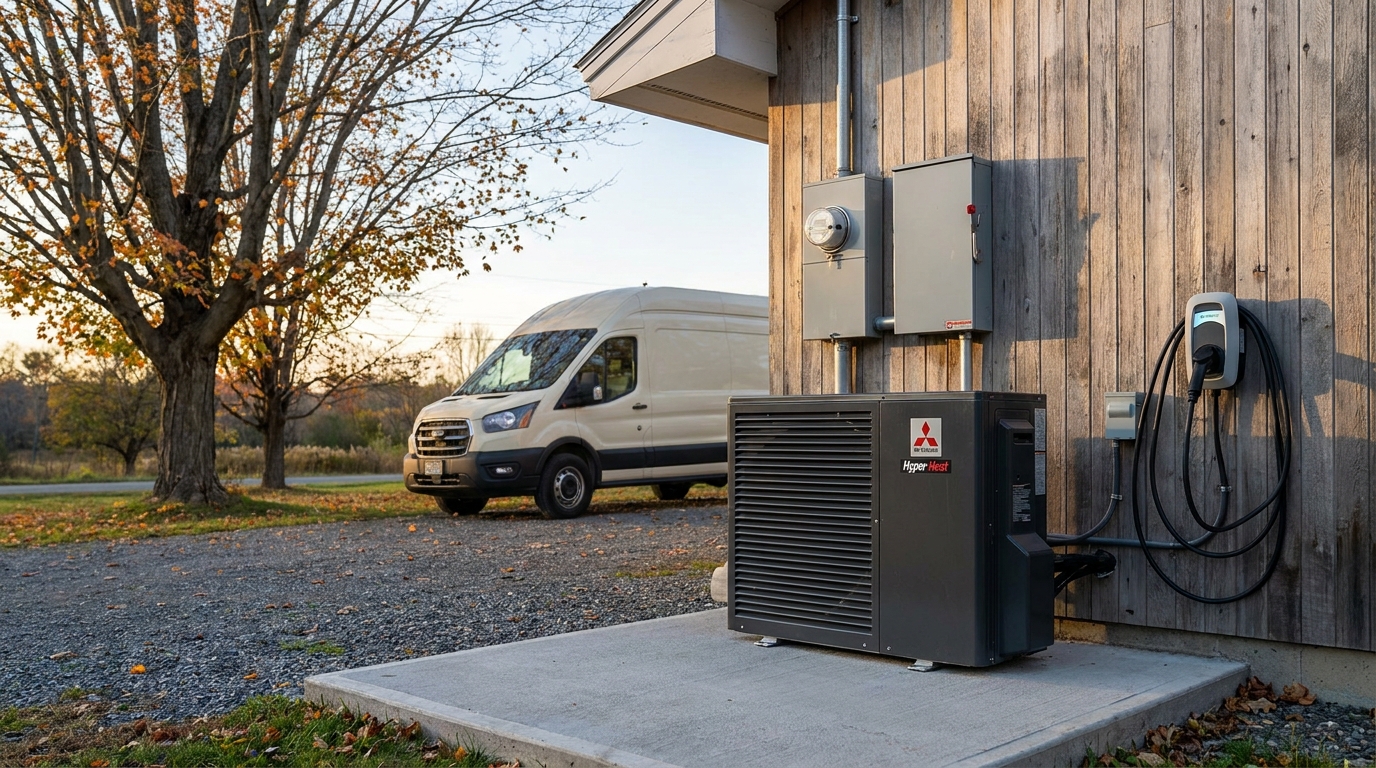 A Williston ranch home showing the full electrification stack: heat pump, panel, EV charger